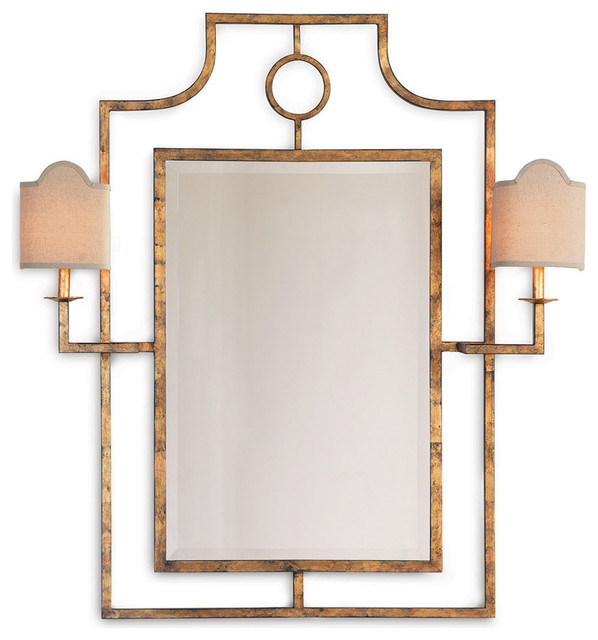 Doheny Hollywood Regency Bamboo Gold Leaf Mirror With Sconces - Transitional - Mirrors - by ...